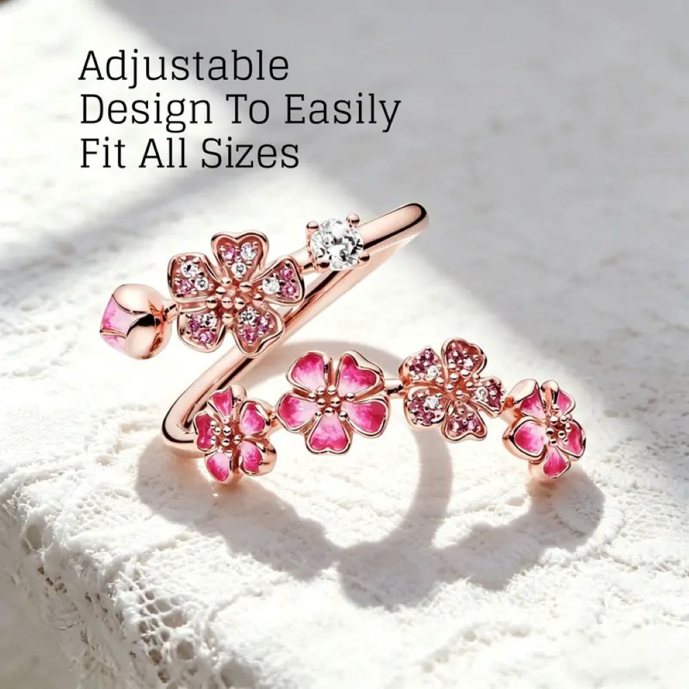Peach Blossom Floral CZ Adjustable Ring
