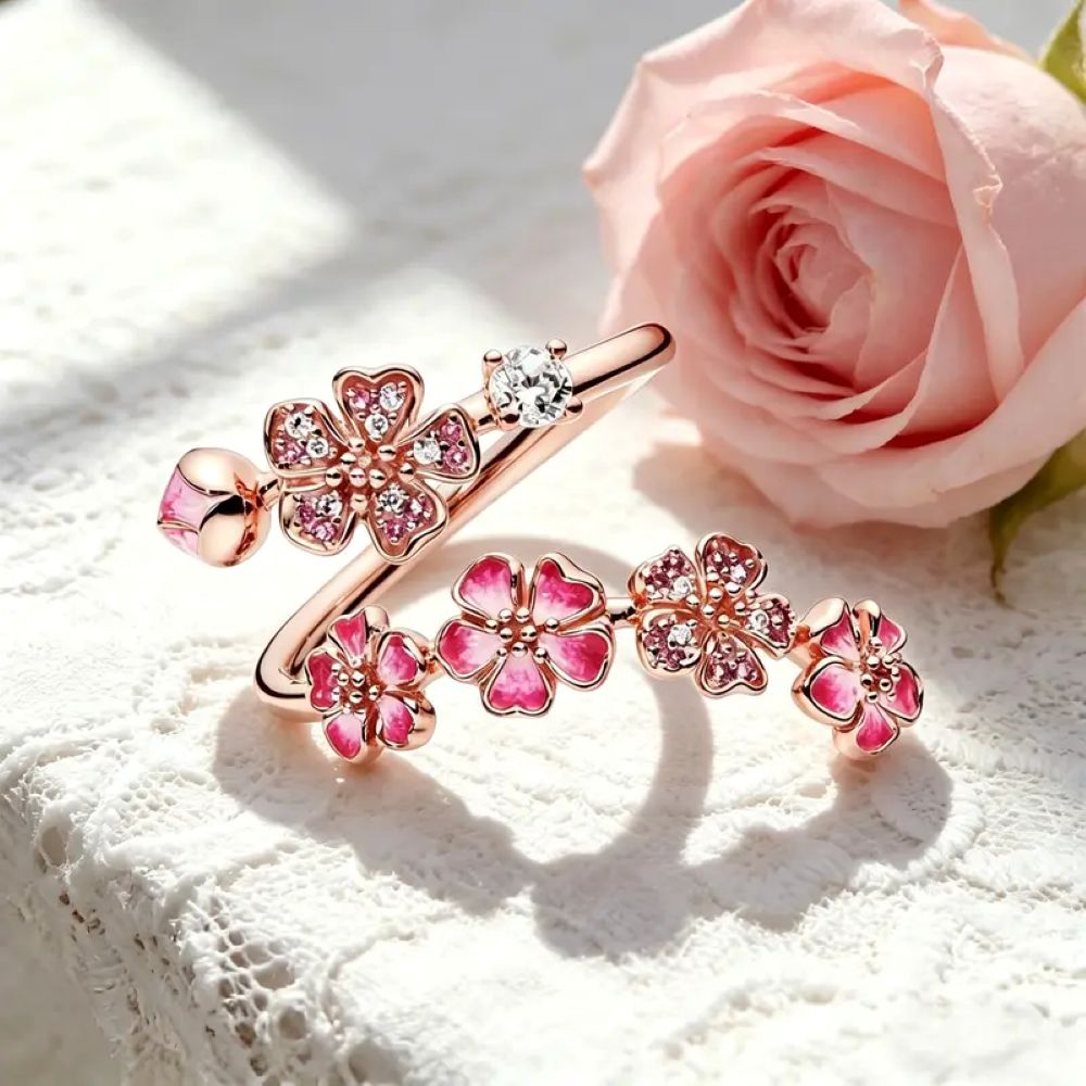 Peach Blossom Floral CZ Adjustable Ring
