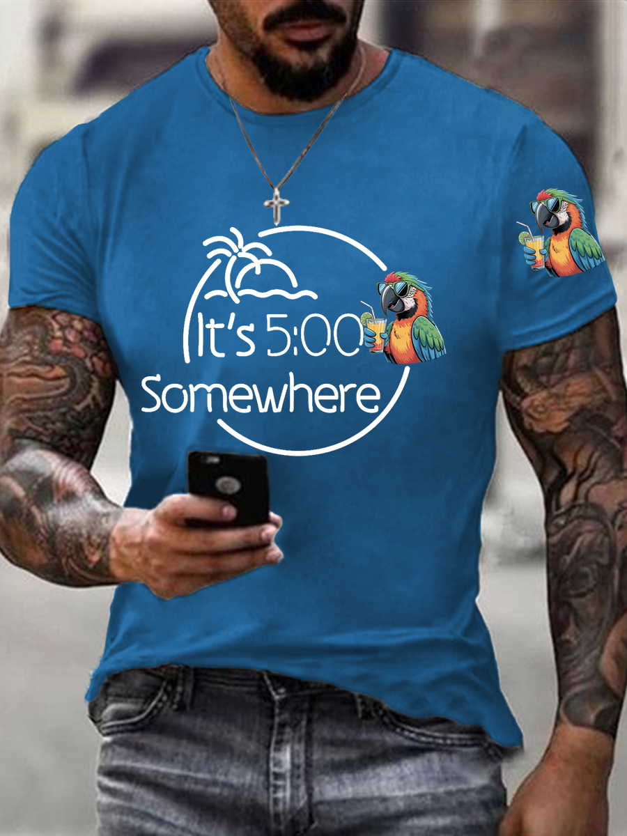 Men's It‘s 5 O'clock Somewhere Parrot Print Casual Tee