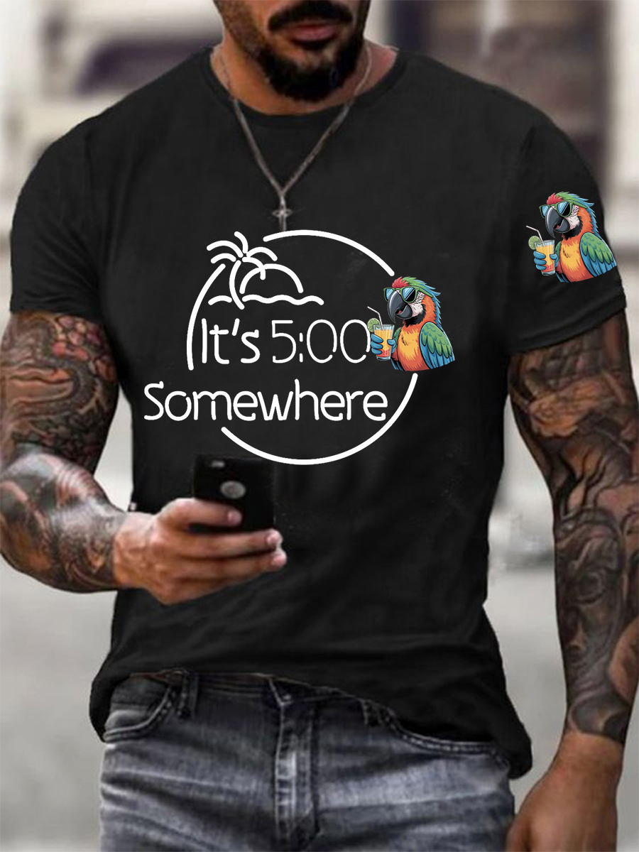 Men's It‘s 5 O'clock Somewhere Parrot Print Casual Tee