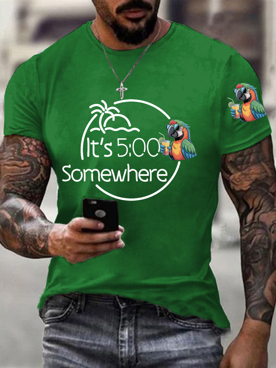 Men's It‘s 5 O'clock Somewhere Parrot Print Casual Tee