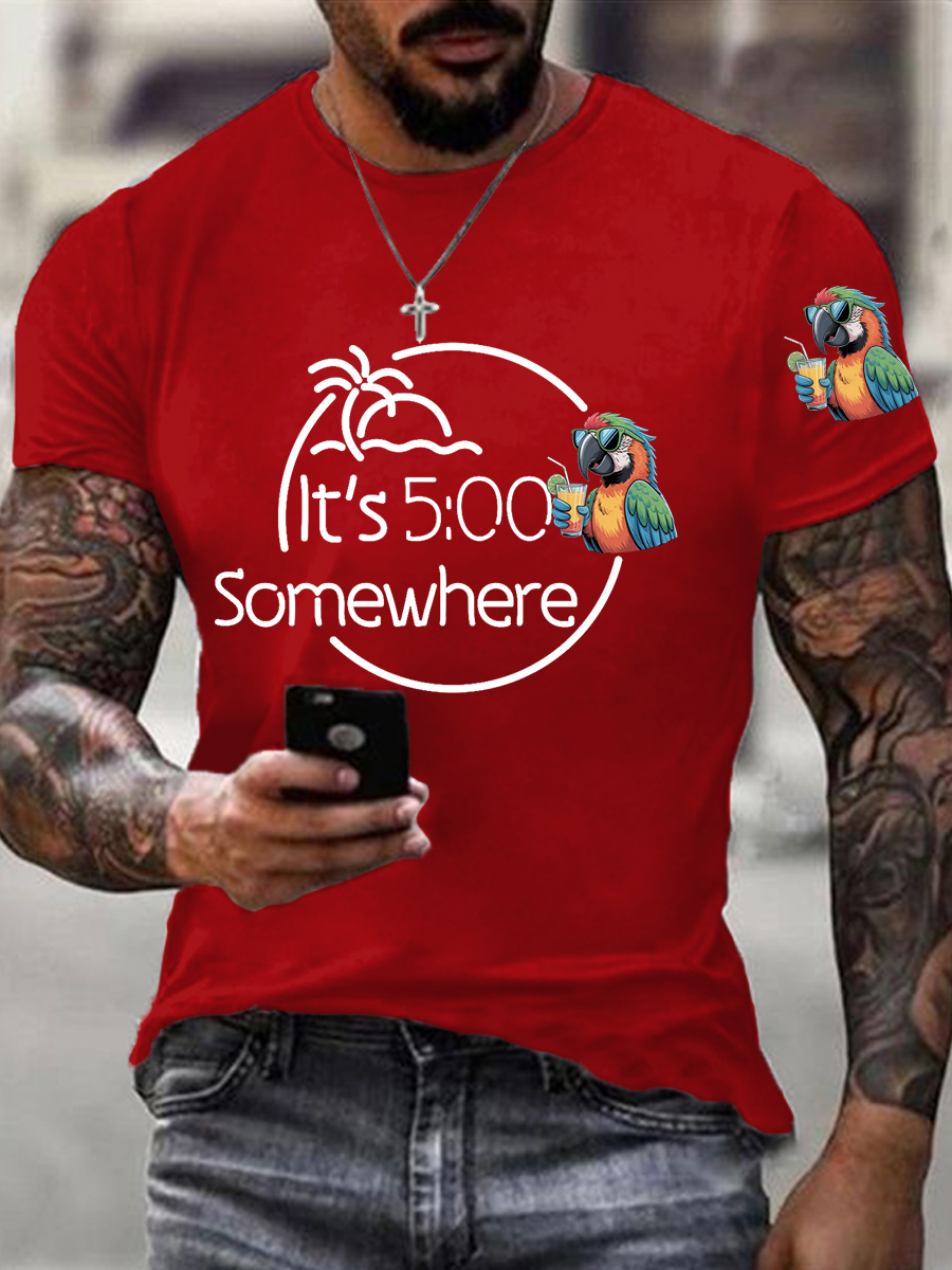 Men's It‘s 5 O'clock Somewhere Parrot Print Casual Tee