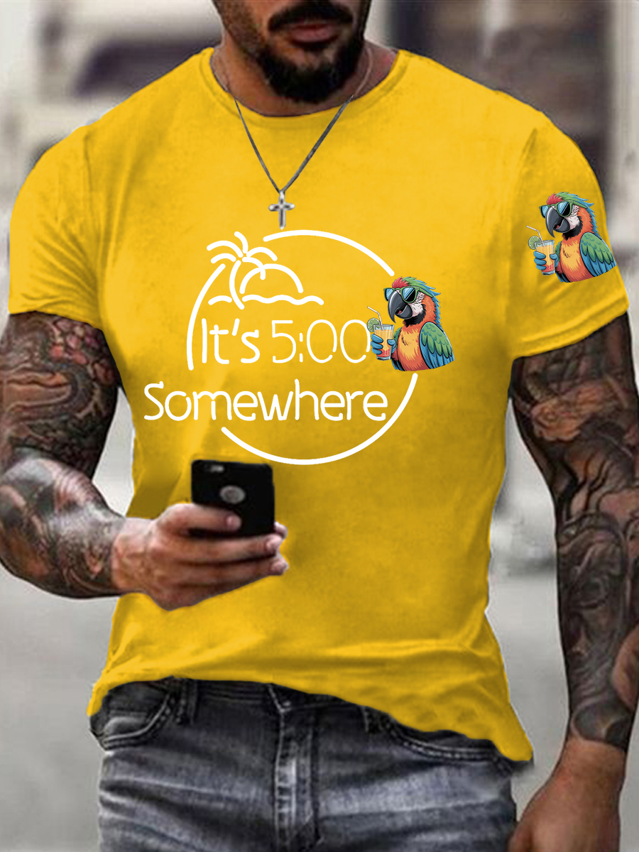 Men's It‘s 5 O'clock Somewhere Parrot Print Casual Tee