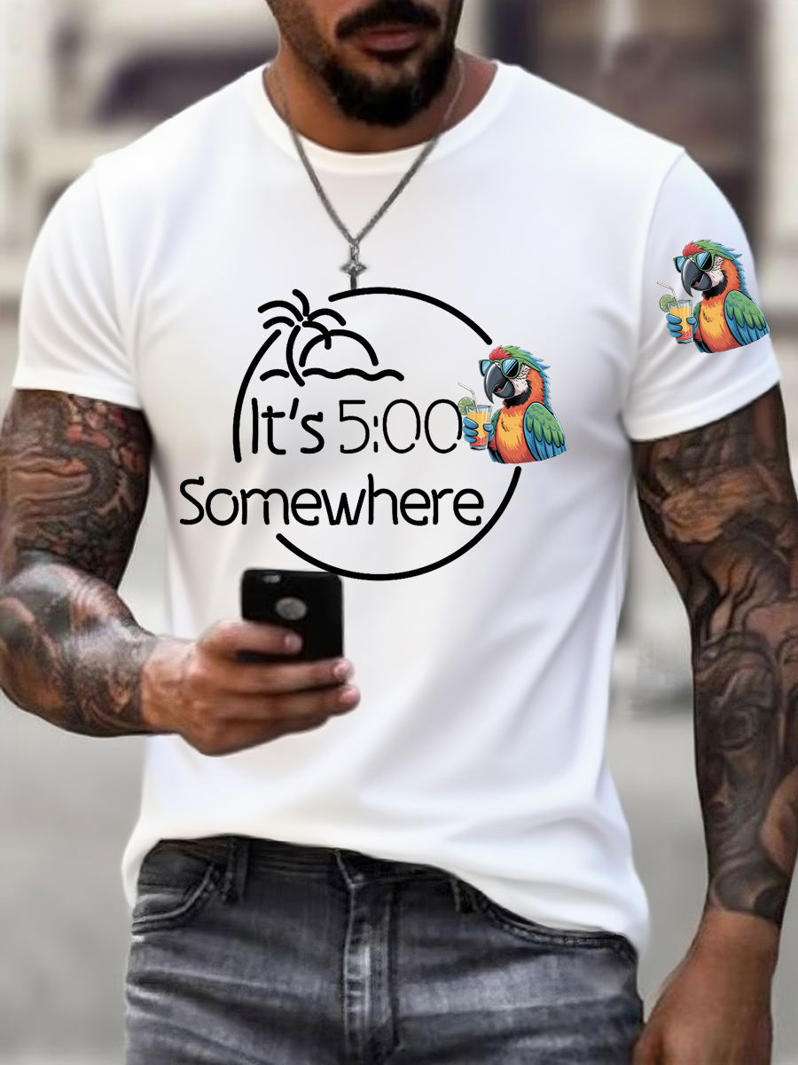 Men's It‘s 5 O'clock Somewhere Parrot Print Casual Tee