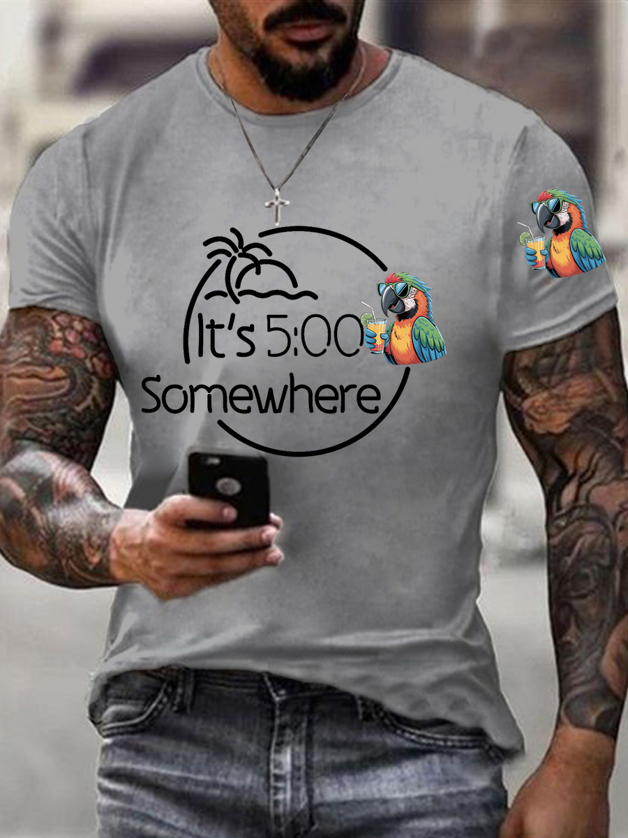 Men's It‘s 5 O'clock Somewhere Parrot Print Casual Tee
