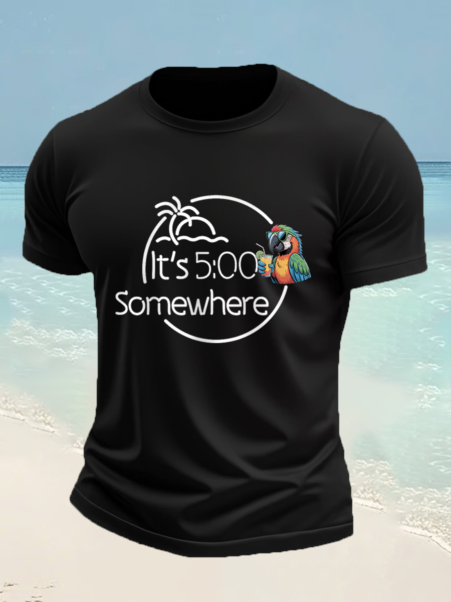 Men's It's 5 O'clock Somewhere Parrot Print Casual Tee