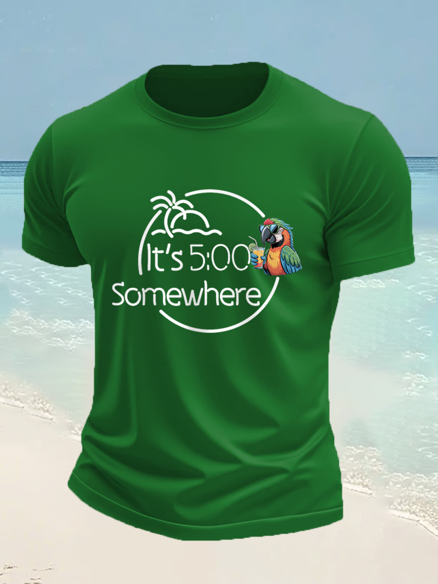 Men's It's 5 O'clock Somewhere Parrot Print Casual Tee
