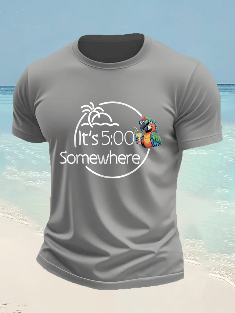 Men's It's 5 O'clock Somewhere Parrot Print Casual Tee