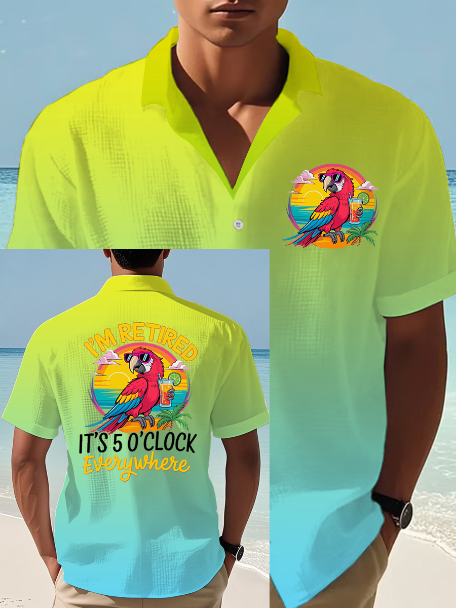 Men's I'm Retired It's 5 O'clock Everywhere Parrot Print Casual Waffle Short-Sleeve Top