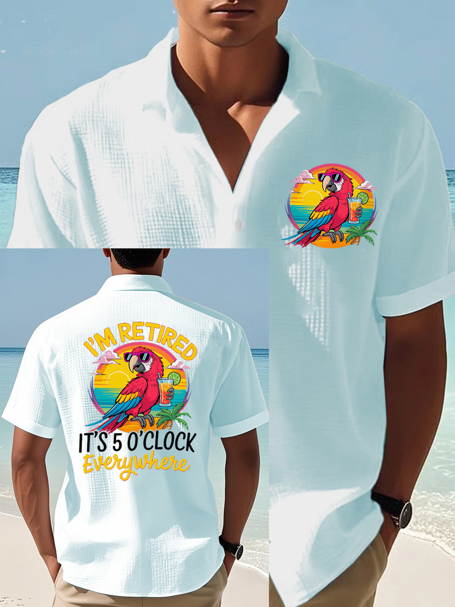 Men's I'm Retired It's 5 O'clock Everywhere Parrot Print Casual Waffle Short-Sleeve Top