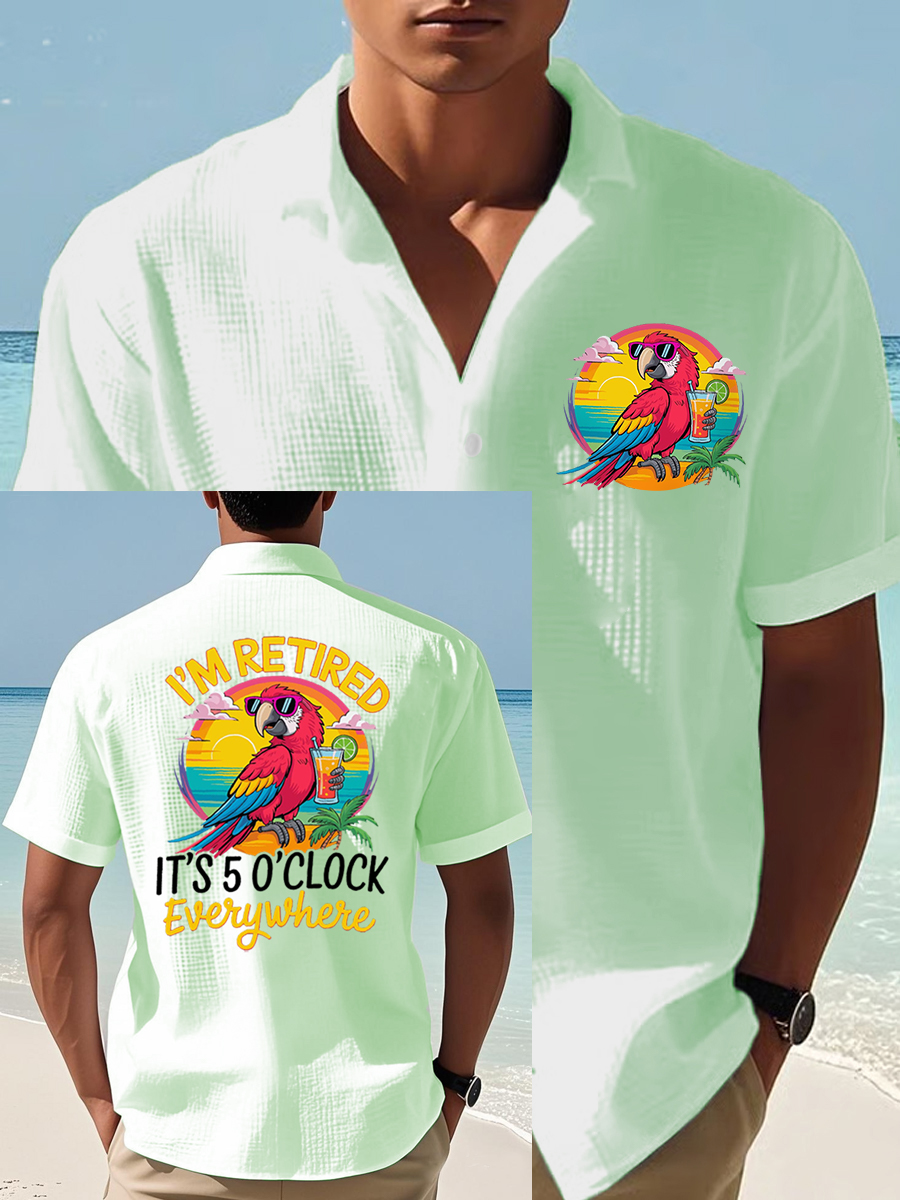 Men's I'm Retired It's 5 O'clock Everywhere Parrot Print Casual Waffle Short-Sleeve Top