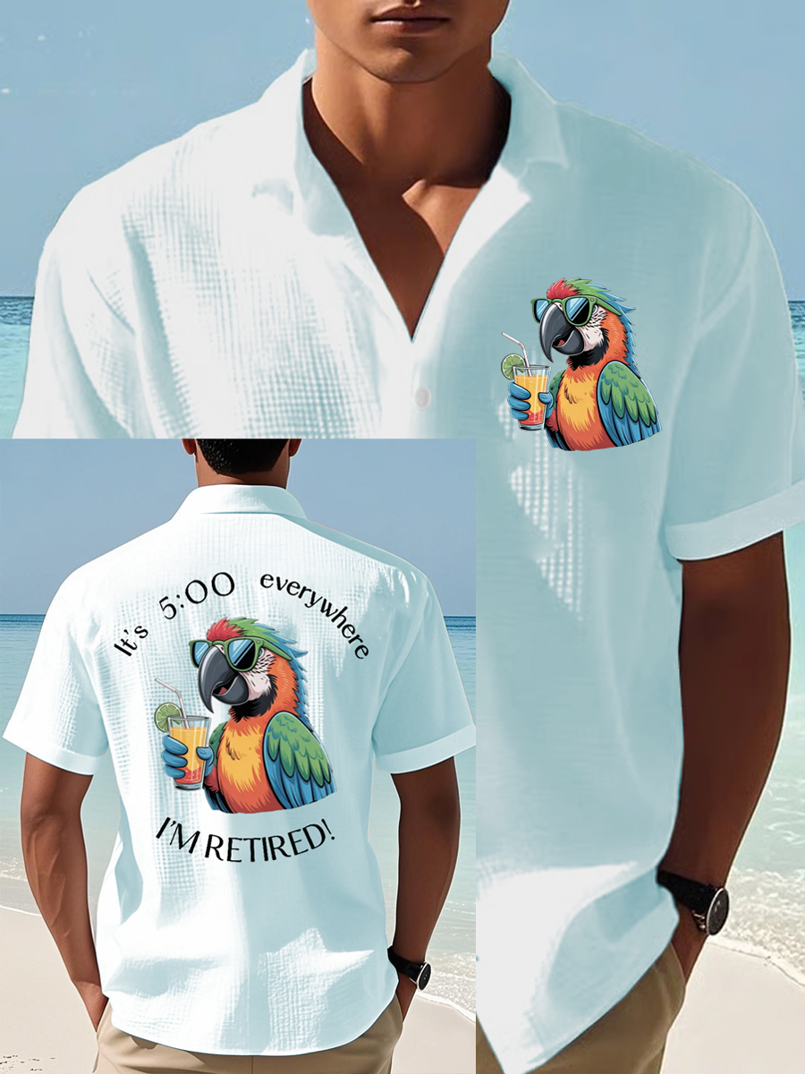 Men's I'm Retired It's 5 O'clock Everywhere Parrot Print Casual Waffle Short-Sleeve Shirt