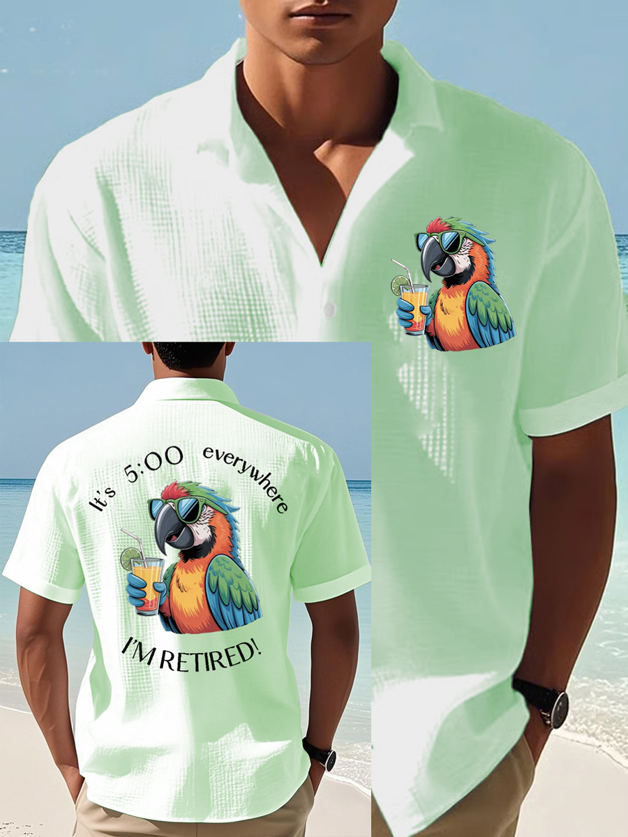 Men's I'm Retired It's 5 O'clock Everywhere Parrot Print Casual Waffle Short-Sleeve Shirt