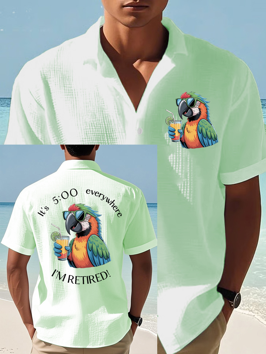 Men's I'm Retired It's 5 O'clock Everywhere Parrot Print Casual Waffle Short-Sleeve Shirt