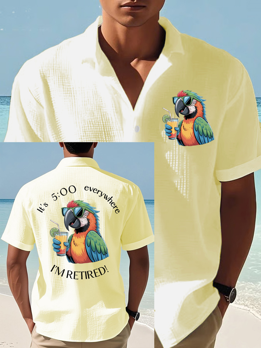 Men's I'm Retired It's 5 O'clock Everywhere Parrot Print Casual Waffle Short-Sleeve Shirt