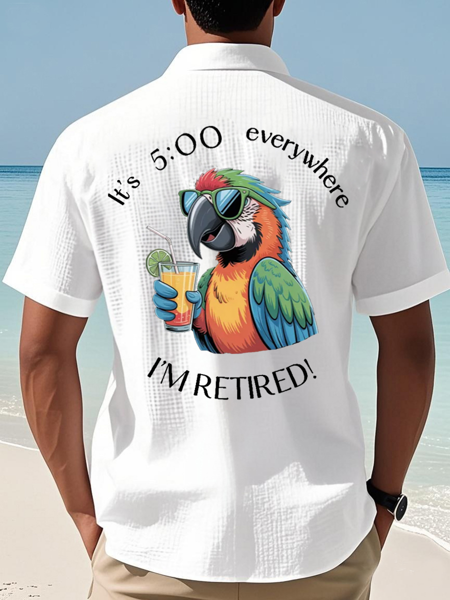 Men's I'm Retired It's 5 O'clock Everywhere Parrot Print Casual Waffle Short-Sleeve Shirt