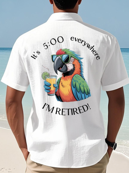 Men's I'm Retired It's 5 O'clock Everywhere Parrot Print Casual Waffle Short-Sleeve Shirt