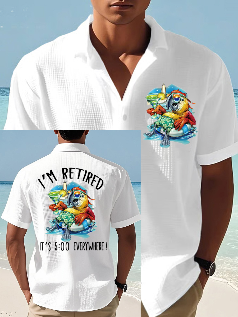 Men's I'm Retired It's 5 O'clock Everywhere Parrot Print Casual Waffle Short-Sleeve Shirt