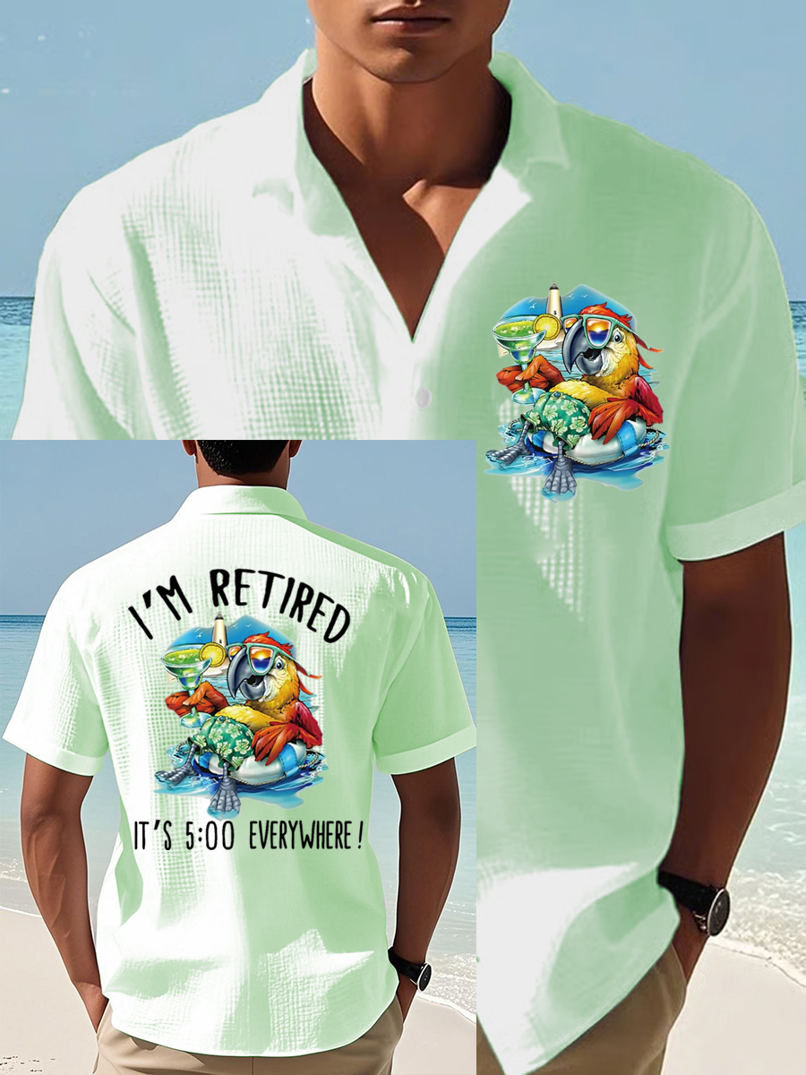 Men's I'm Retired It's 5 O'clock Everywhere Parrot Print Casual Waffle Short-Sleeve Shirt