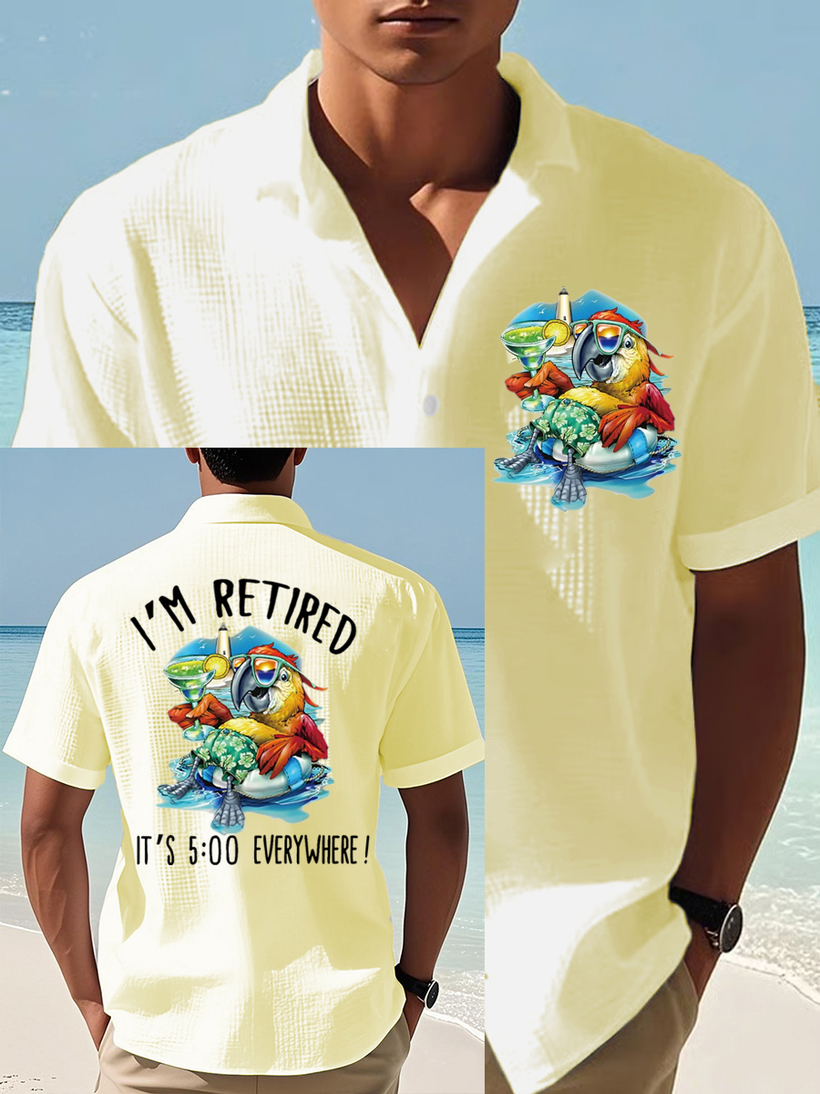 Men's I'm Retired It's 5 O'clock Everywhere Parrot Print Casual Waffle Short-Sleeve Shirt