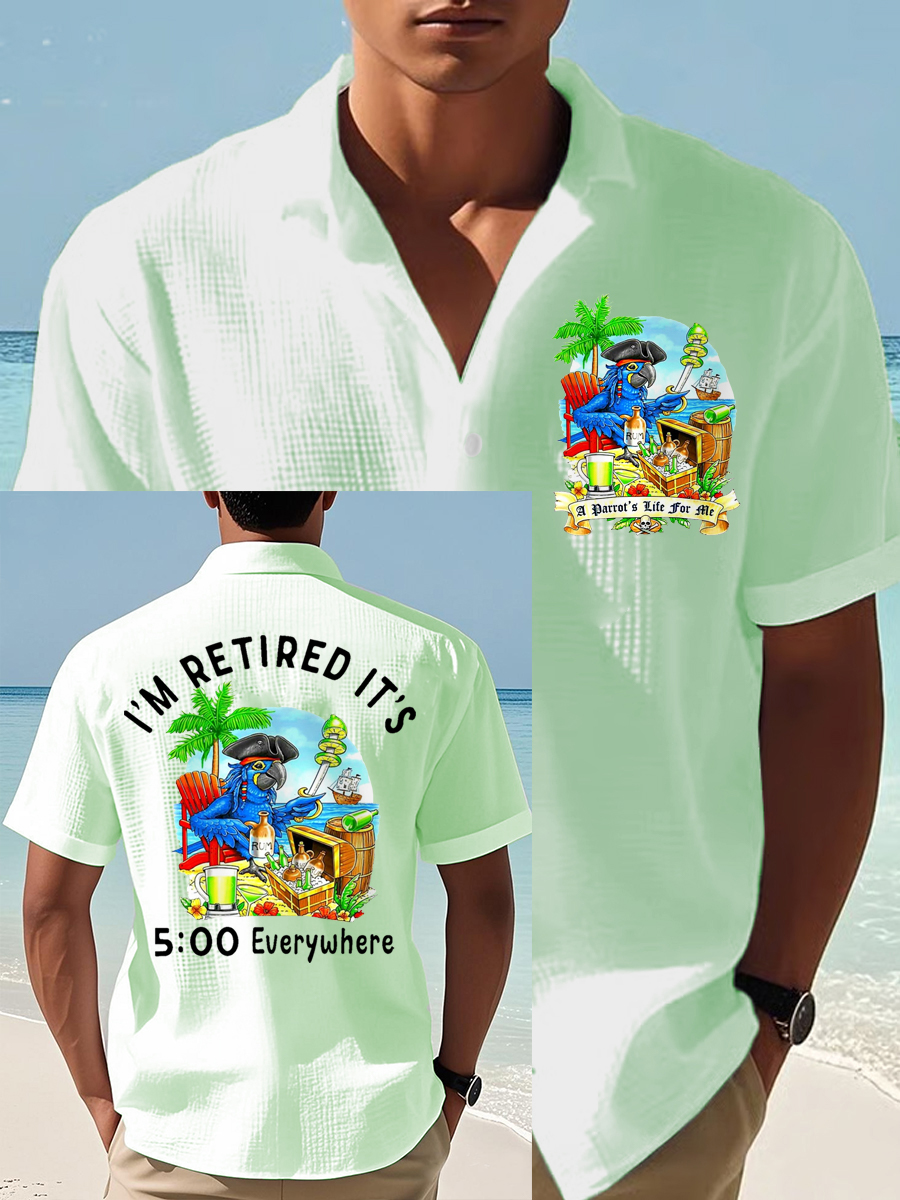 Men's I'm Retired It's 5 O'clock Everywhere Parrot Print Casual Waffle Short-Sleeve Shirt