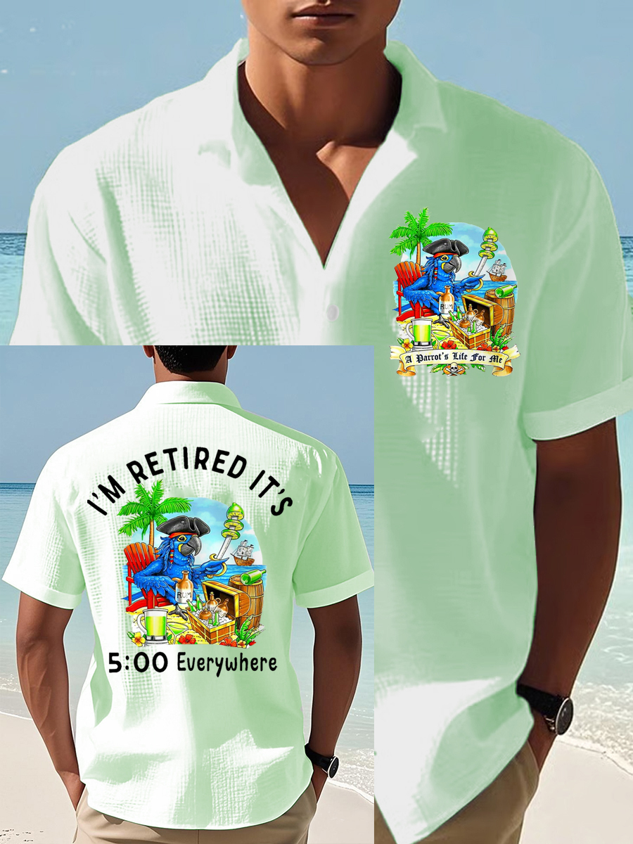 Men's I'm Retired It's 5 O'clock Everywhere Parrot Print Casual Waffle Short-Sleeve Shirt