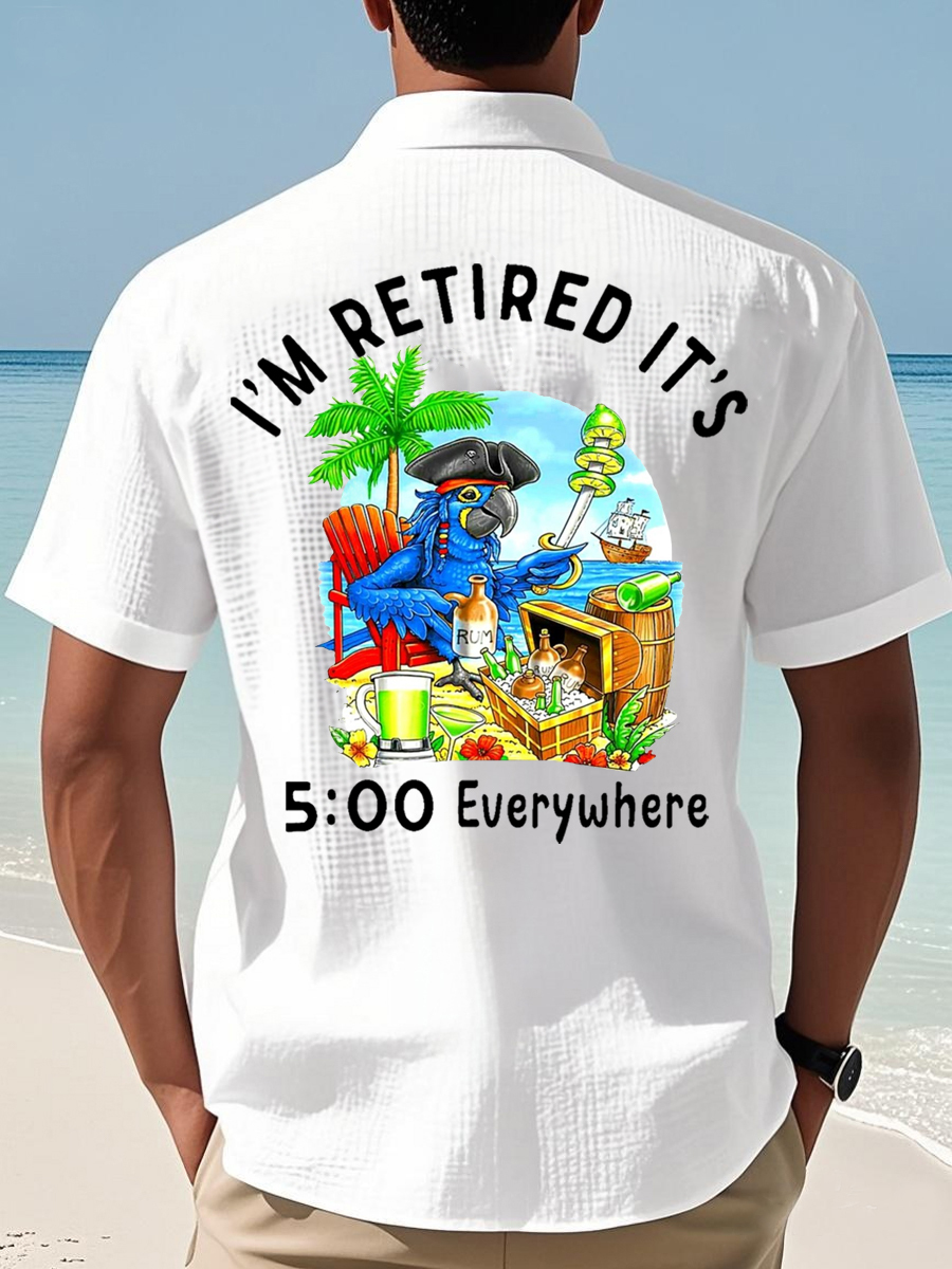 Men's I'm Retired It's 5 O'clock Everywhere Parrot Print Casual Waffle Short-Sleeve Shirt