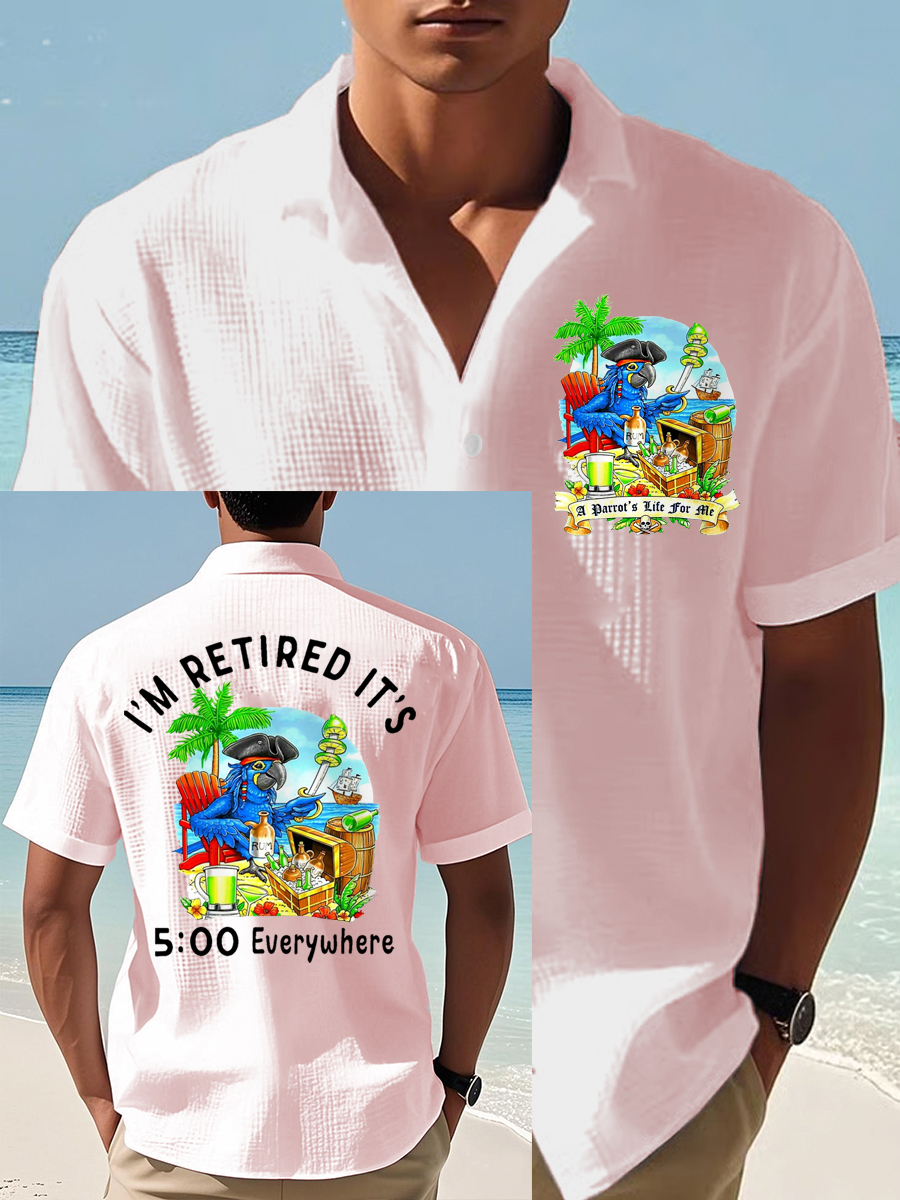 Men's I'm Retired It's 5 O'clock Everywhere Parrot Print Casual Waffle Short-Sleeve Shirt