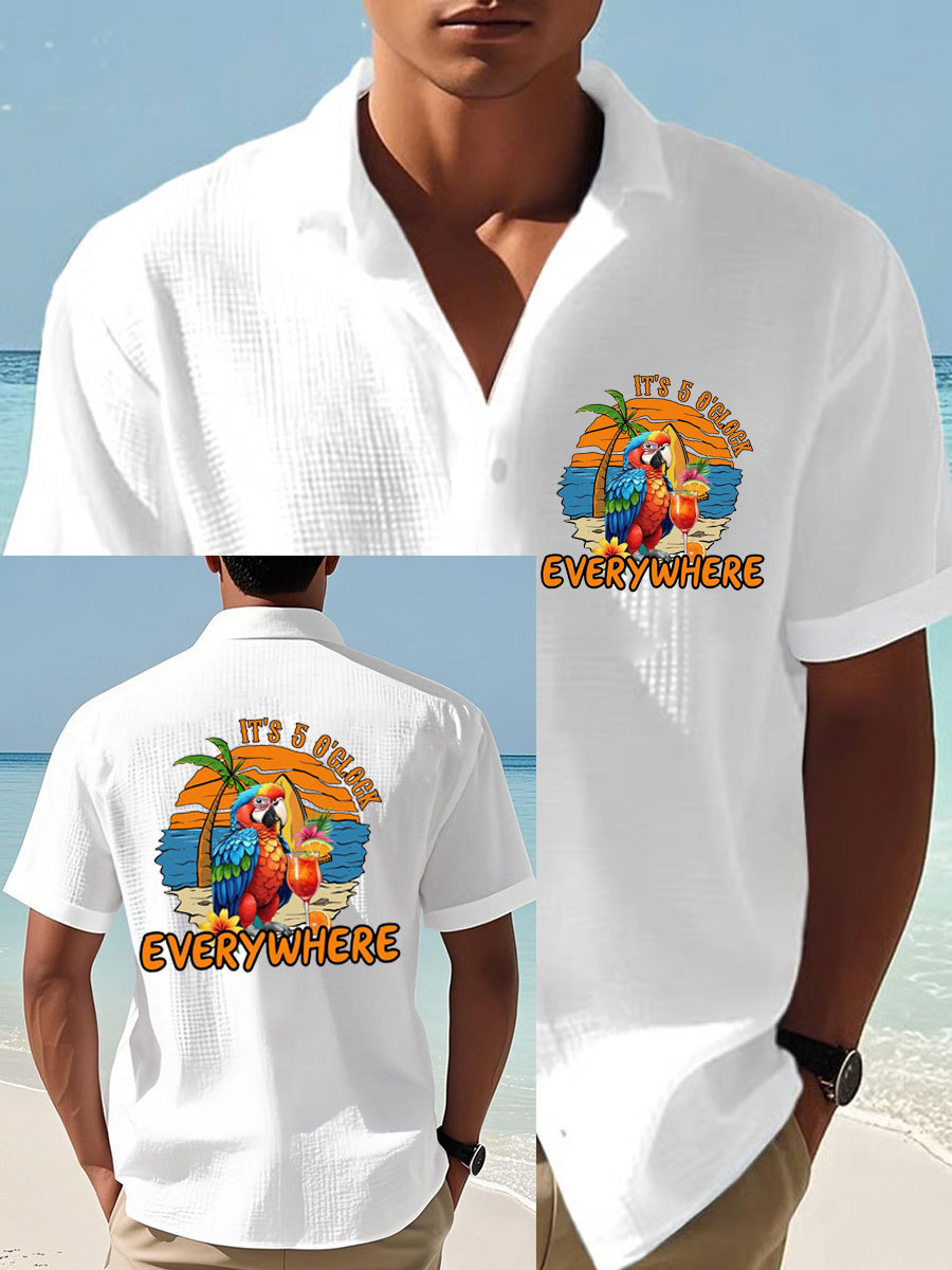 Men's It‘s 5 O'clock Everywhere Parrot Print Casual Waffle Shirt