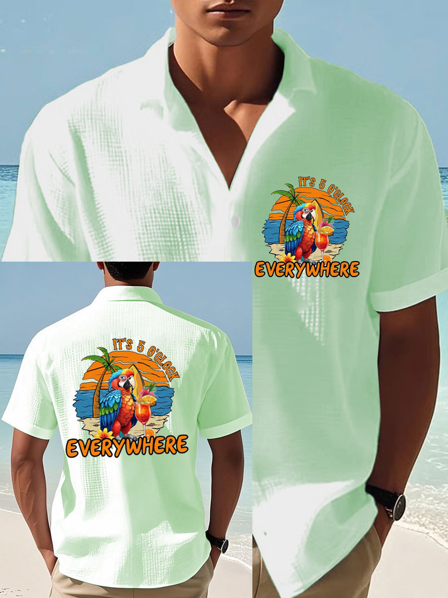 Men's It‘s 5 O'clock Everywhere Parrot Print Casual Waffle Shirt
