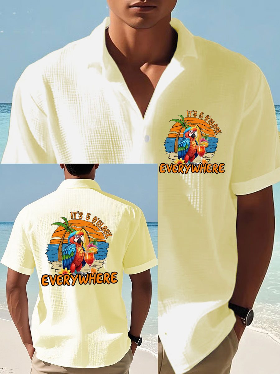 Men's It‘s 5 O'clock Everywhere Parrot Print Casual Waffle Shirt