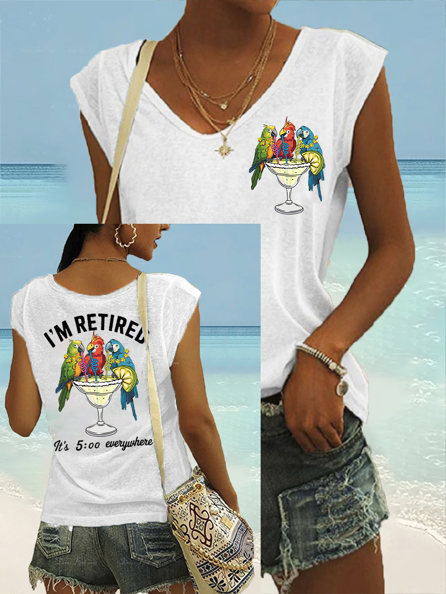 Women's I'm Retired It's 5 O'clock Everywhere Parrot Print Casual Sleeveless Tee