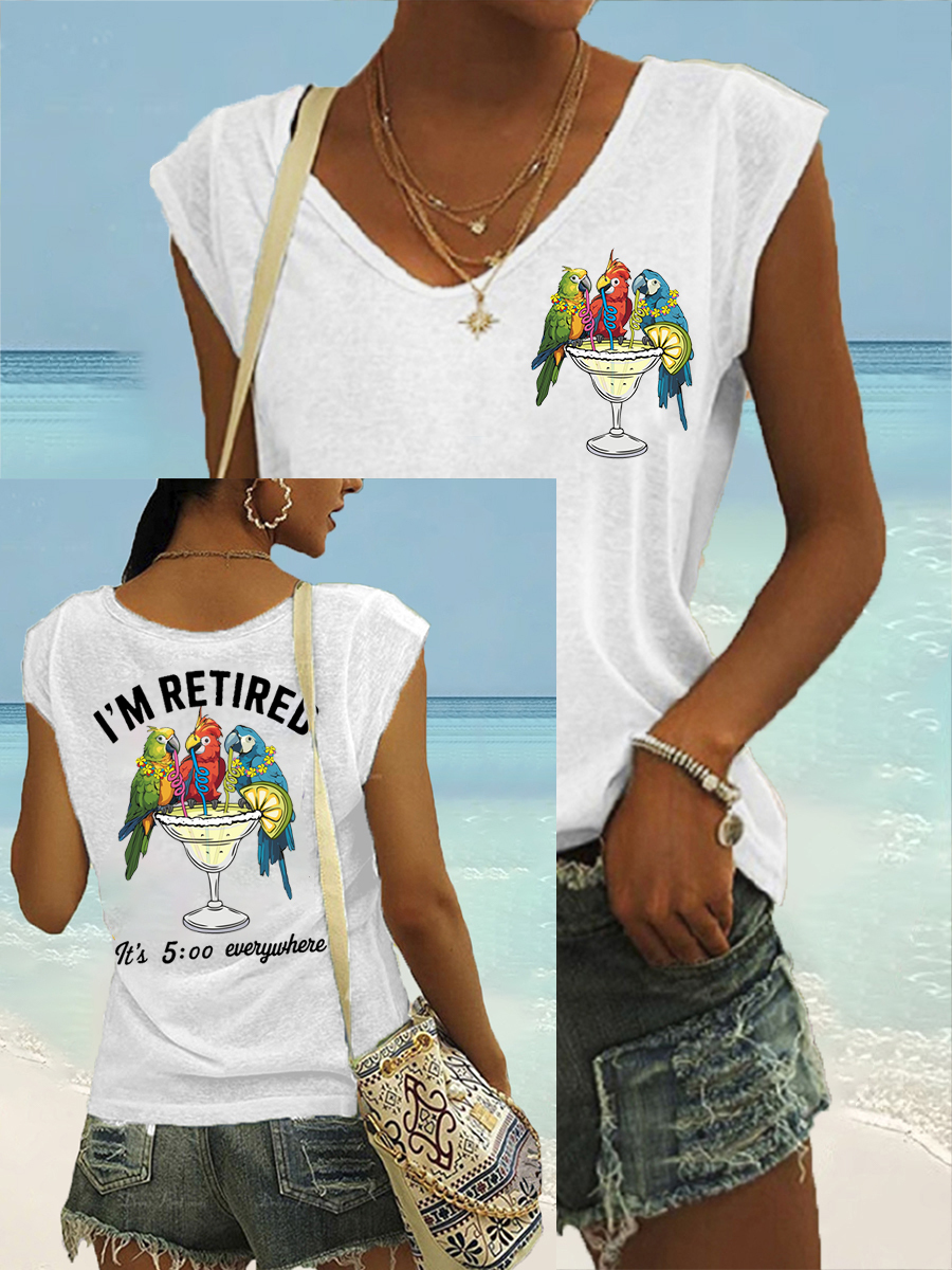 Women's I'm Retired It's 5 O'clock Everywhere Parrot Print Casual Sleeveless Tee