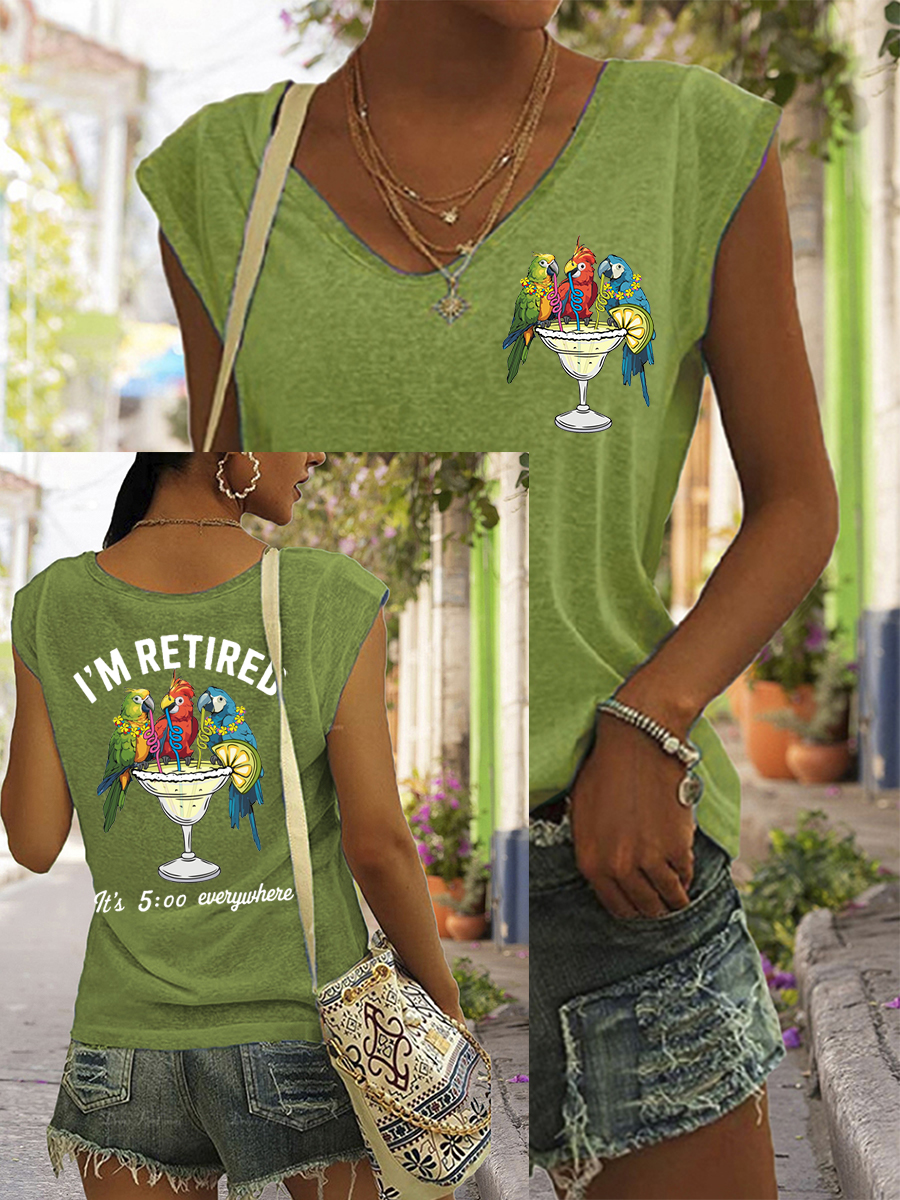 Women's I'm Retired It's 5 O'clock Everywhere Parrot Print Casual Sleeveless Tee