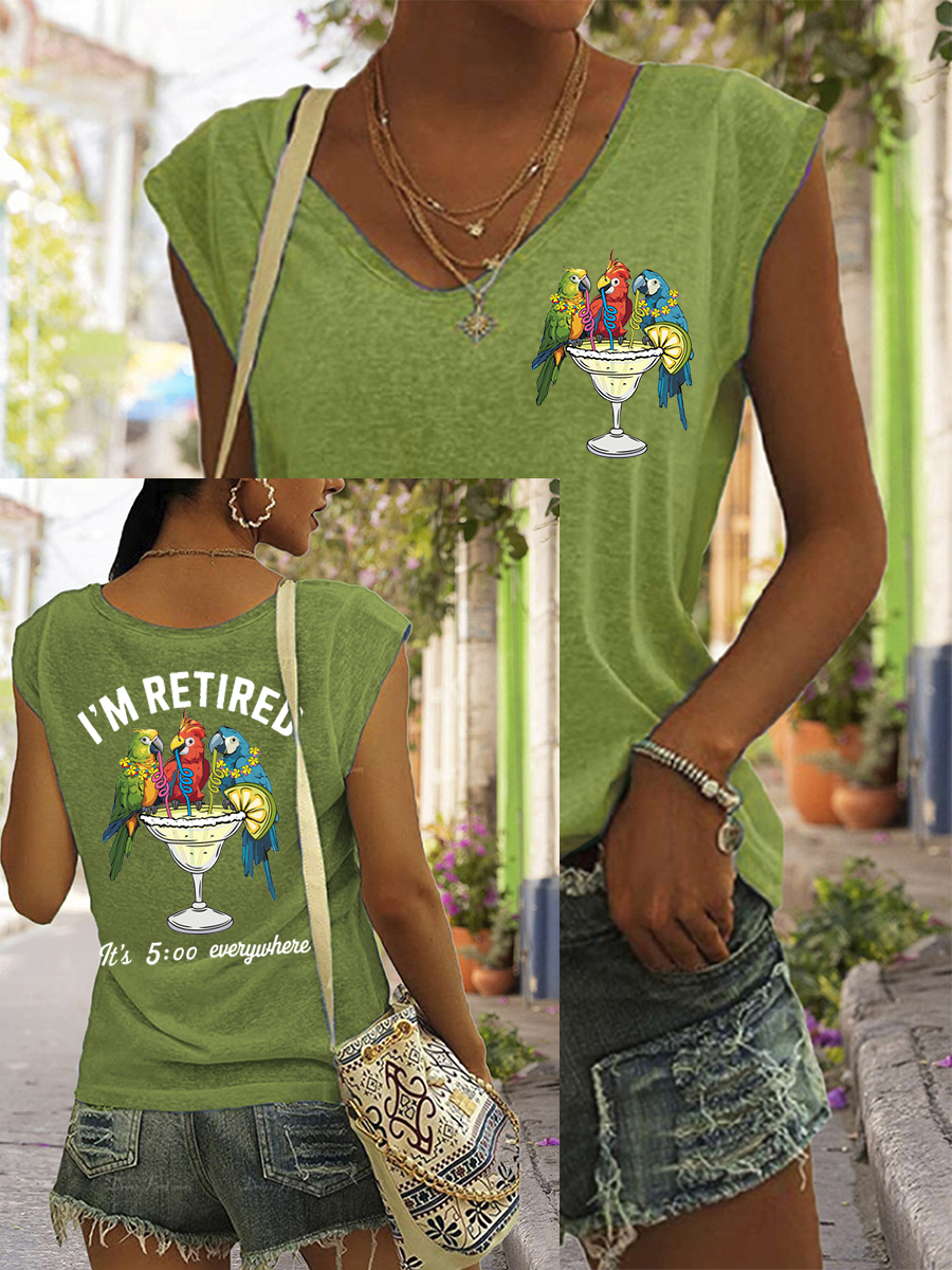 Women's I'm Retired It's 5 O'clock Everywhere Parrot Print Casual Sleeveless Tee