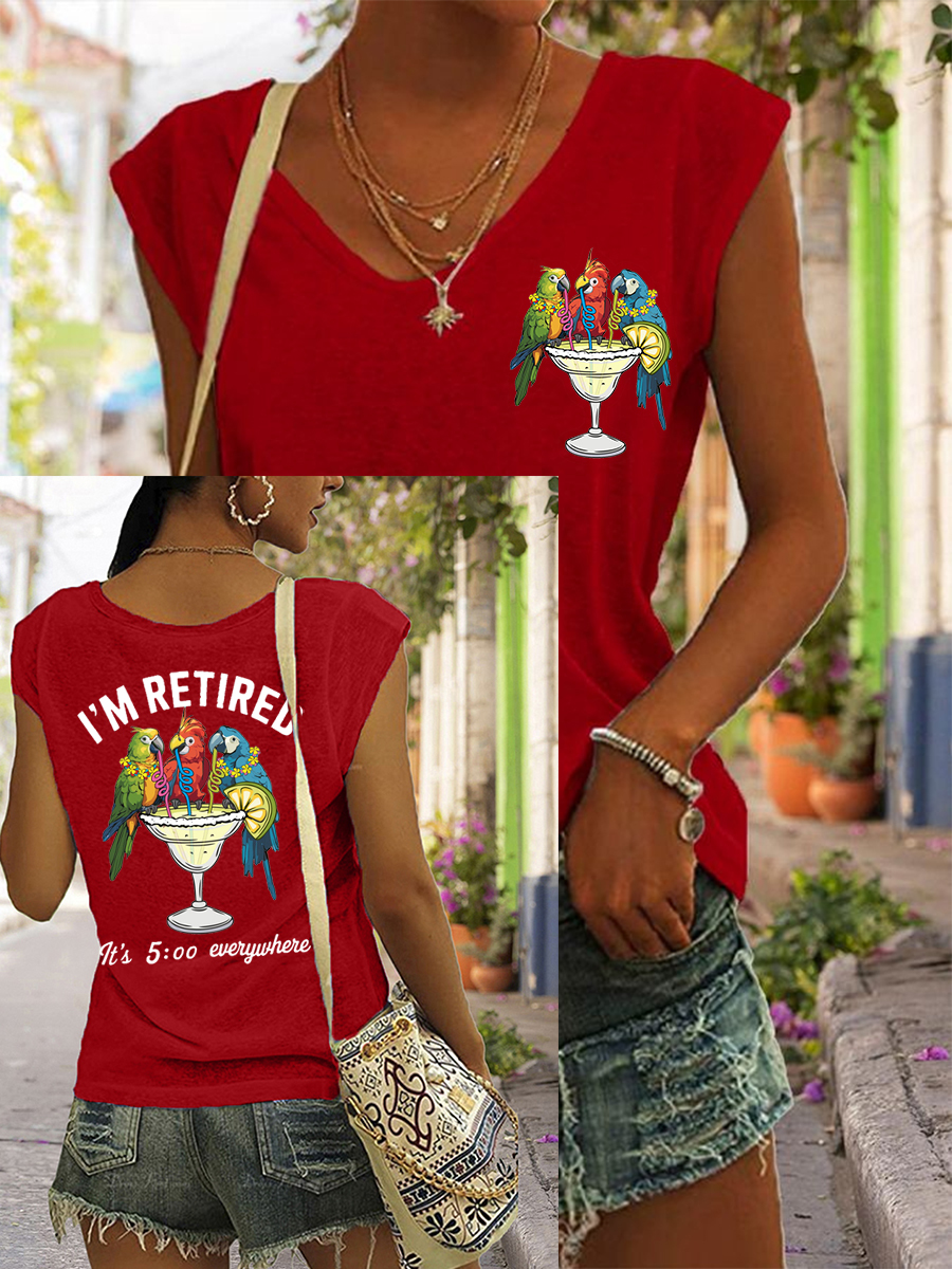 Women's I'm Retired It's 5 O'clock Everywhere Parrot Print Casual Sleeveless Tee