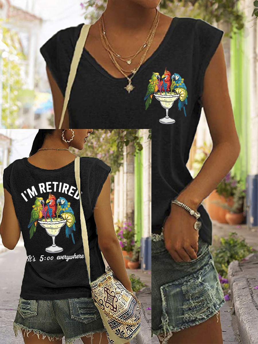 Women's I'm Retired It's 5 O'clock Everywhere Parrot Print Casual Sleeveless Tee