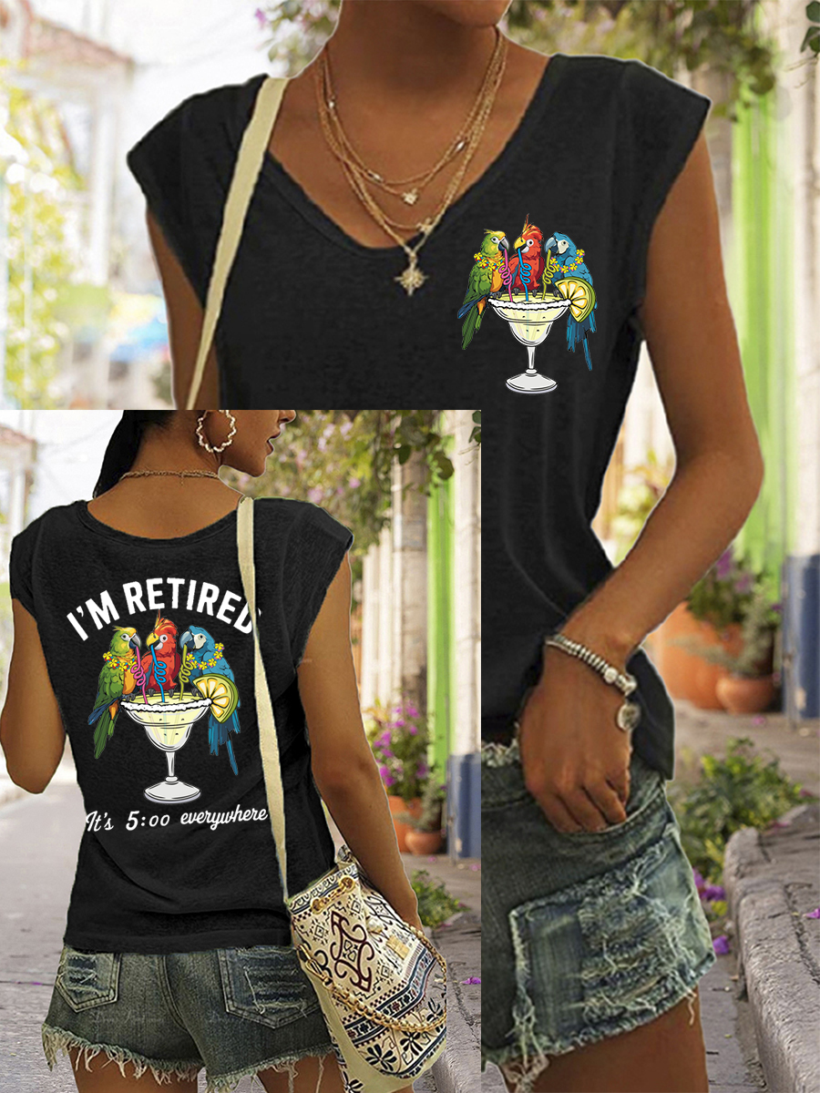 Women's I'm Retired It's 5 O'clock Everywhere Parrot Print Casual Sleeveless Tee