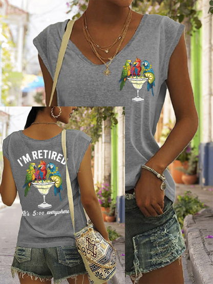 Women's I'm Retired It's 5 O'clock Everywhere Parrot Print Casual Sleeveless Tee