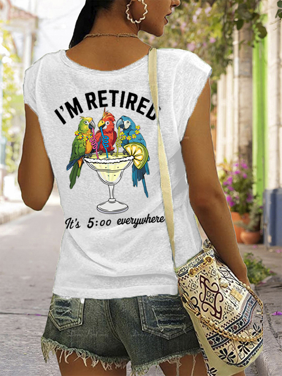 Women's I'm Retired It's 5 O'clock Everywhere Parrot Print Casual Sleeveless Tee