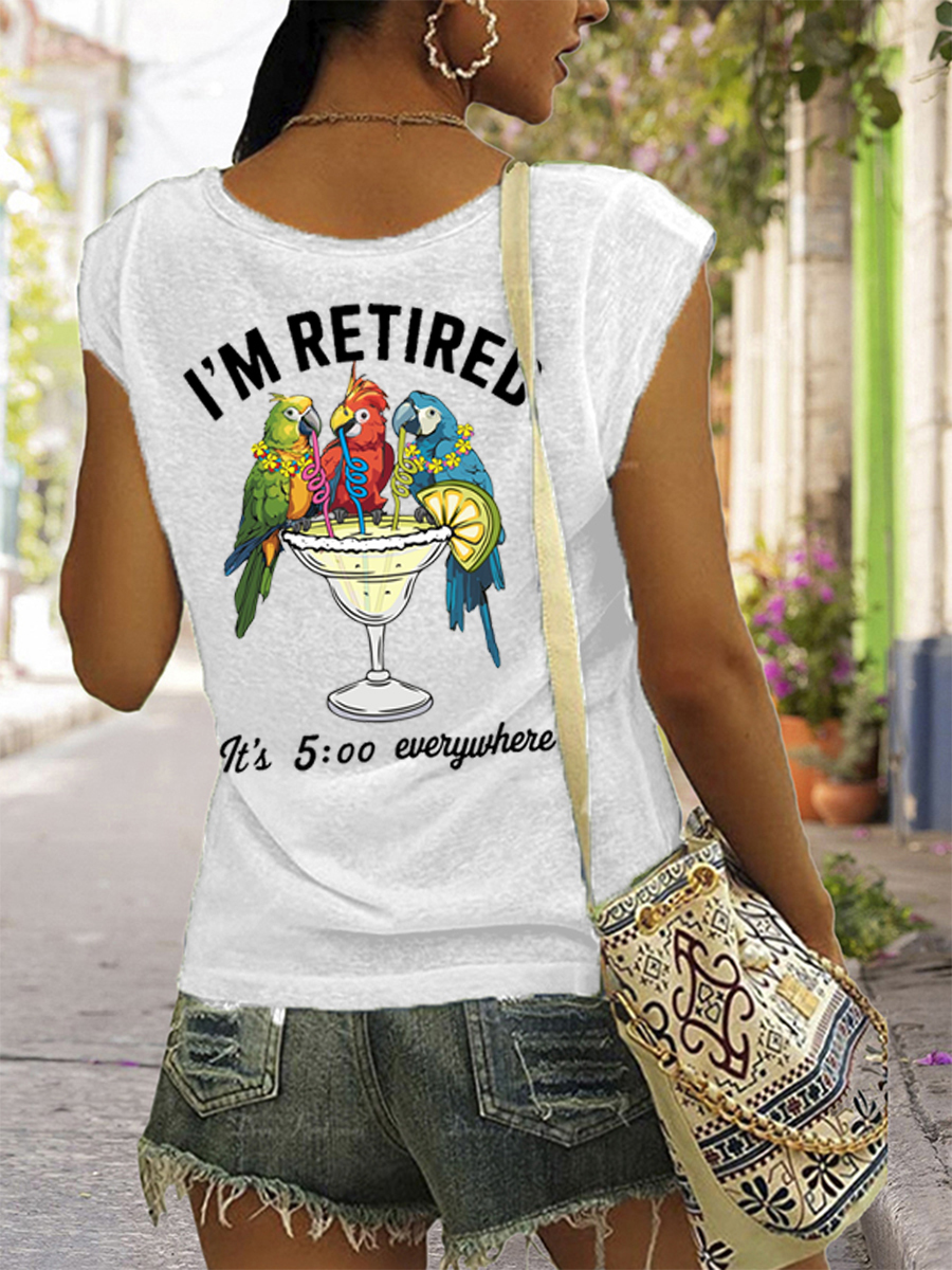 Women's I'm Retired It's 5 O'clock Everywhere Parrot Print Casual Sleeveless Tee