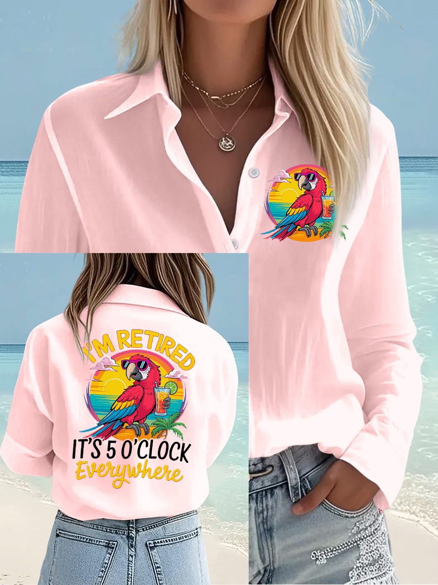 Women's I'm Retired It's 5 O'clock Everywhere Parrot Print Casual Shirt