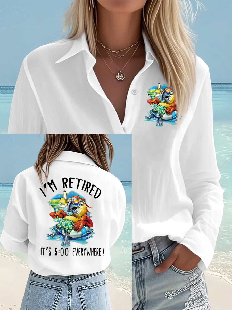 Women's I'm Retired It's 5 O'clock Everywhere Parrot Print Casual Shirt