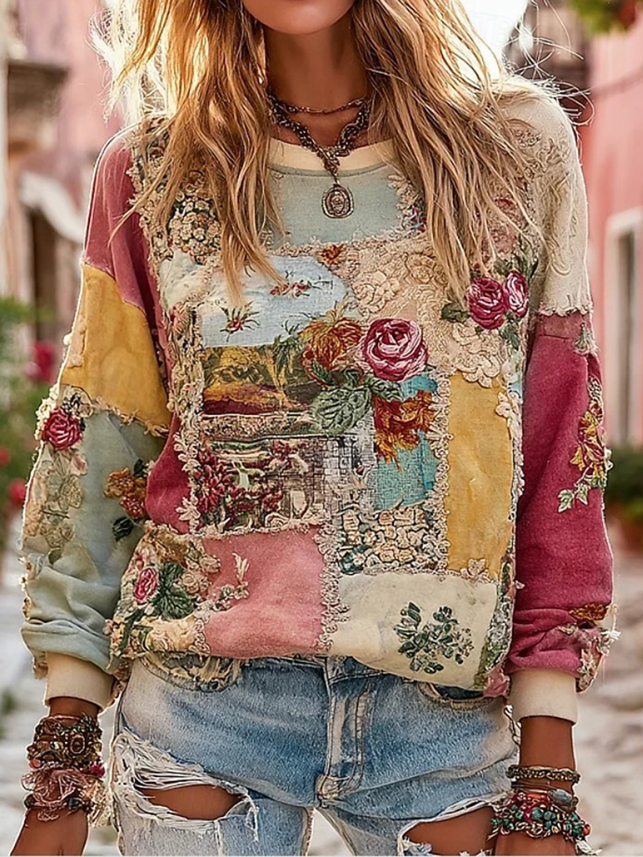 Women's Pink Floral Print Casual Sweatshirt