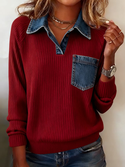 Women's Denim Patchwork Design Cozy Top