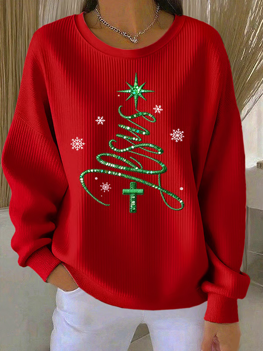 Women's Jesus Christmas Tree Ribbed Round-Neck Sweatshirt