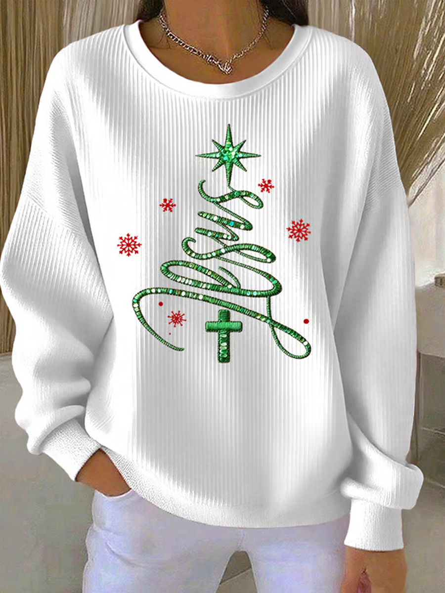 Women's Jesus Christmas Tree Ribbed Round-Neck Sweatshirt