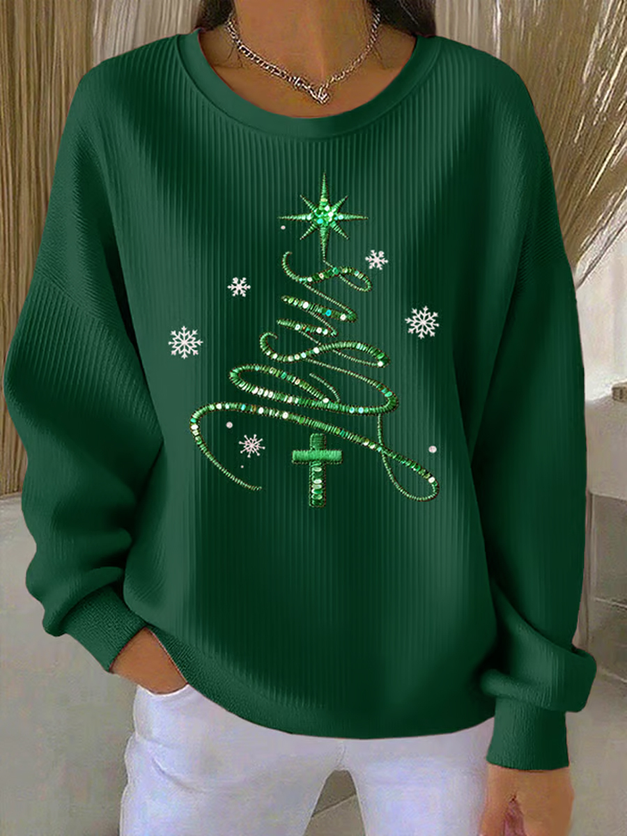 Women's Jesus Christmas Tree Ribbed Round-Neck Sweatshirt