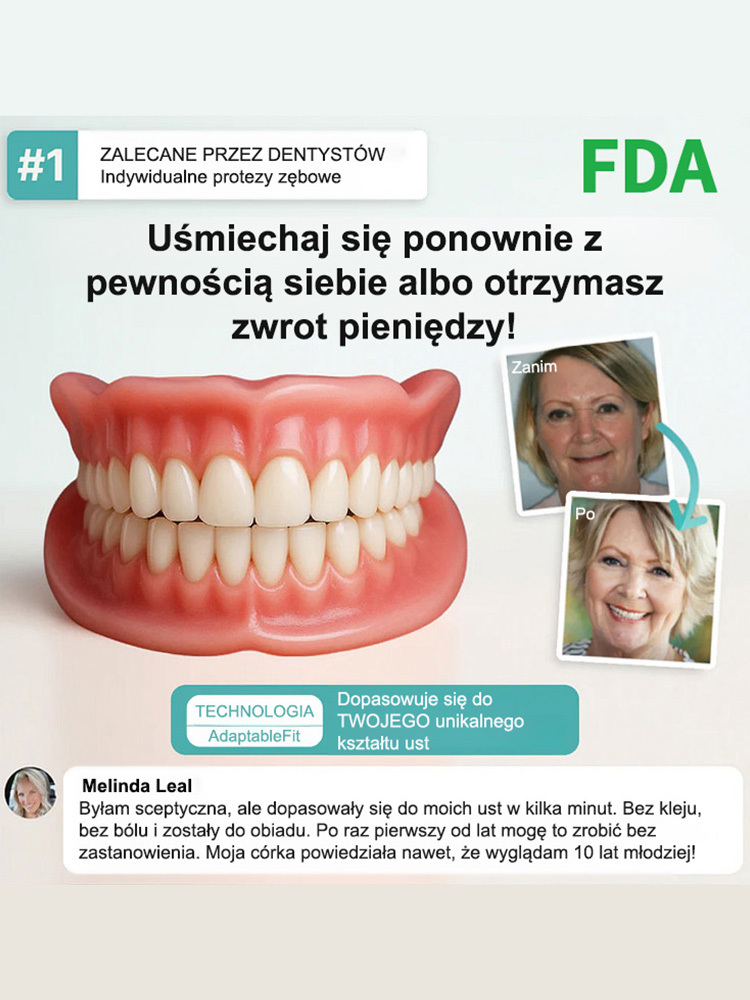 Bez względu na to, czy masz pełny komplet zębów, szerokie przestrzenie między zębami, czy w ogóle nie masz zębów, ta proteza idealnie się dopasuje! 🔥