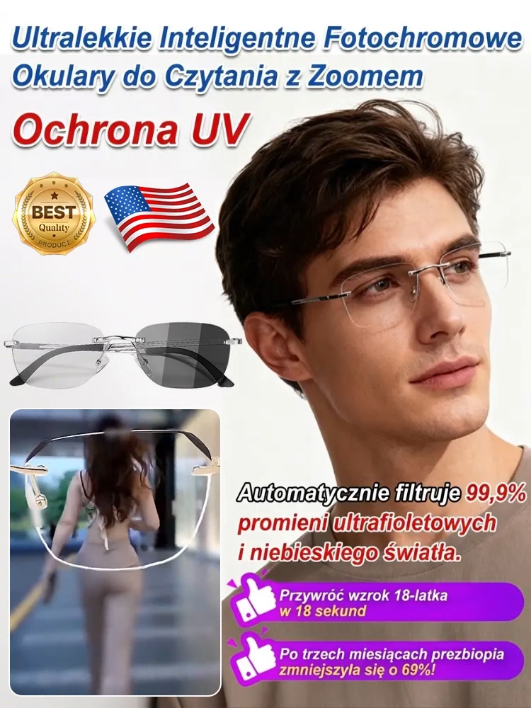 ✨Inteligentne, ultraleciutkie okulary do czytania✨ z funkcją zmiany ogniskowej, fotochromowymi soczewkami i ochroną przed światłem niebieskim